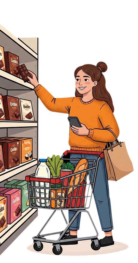 Ella in the supermarket, phone in hand and a full cart — the shopping-list-to-PopUp trigger moment