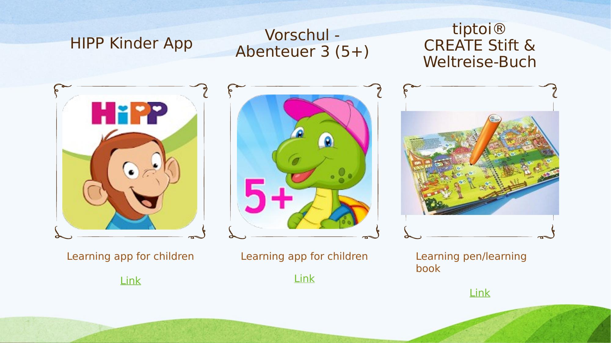 Competitive analysis: HIPP Kinder App, Vorschul-Abenteuer 3, tiptoi CREATE
